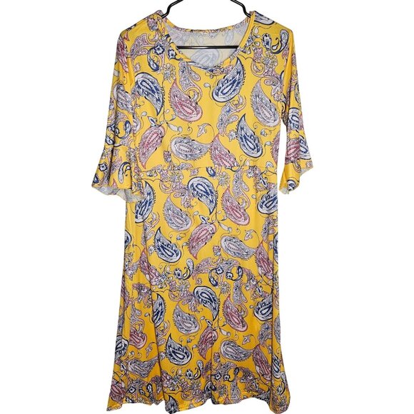 Boho, Casual or Dress up, Woman's Paisley Print Yellow A-Line Dress With Elbow-L - Picture 1 of 13